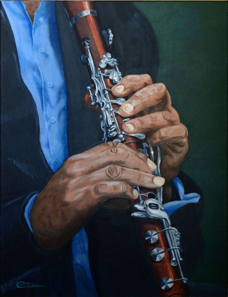 A painting of hands playing a clarinet